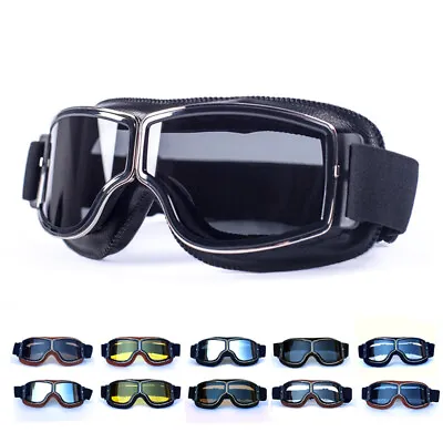 Flying Pilot Style Motorcycle Motocross Leather Goggles Cruiser Scooter Glasses • $13.99