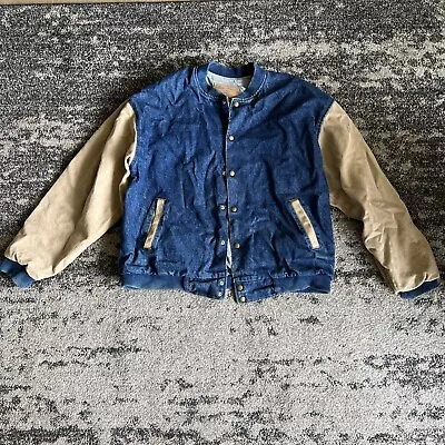 Three Rivers Jacket L Men's Large Blue Varsity Bomber Tan Denim Jean Vintage USA • $39.99