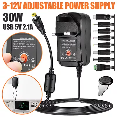 30W 3-12V Power Supply AC/DC Universal Adaptor Kit 3V 4.5V 5V 6V 7.5V 9V 12V 2A • £9.89