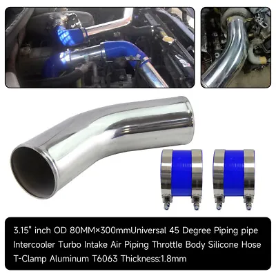 45 Degree 80mm 3.15  Aluminum Turbo Intercooler Pipe+Silicone Hose+Clamps Blue • $63.79