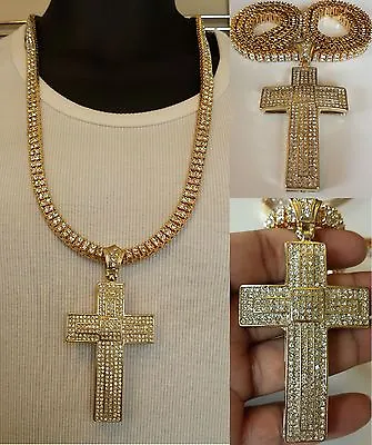 Mens 14K Yellow Gold Finish Cross W/ 2 ROW Lab Diamonds Chain Necklace • $50