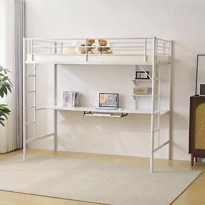 Metal Twin Size Loft Bed Frame With Desk And 2 Storage Shelves Bunk Bed • $160.99