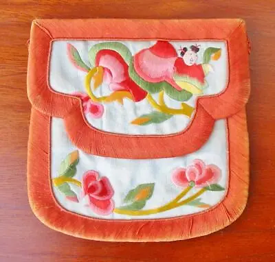 $106.25 • Buy Antique Chinese Silk Embroidered Embroidery Purse Peaches Flower Lady Fairy