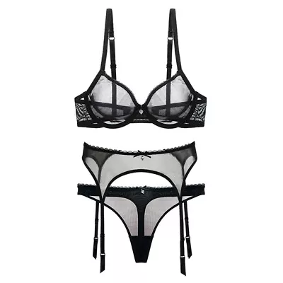 Sexy Mesh Black Transparent Bra Panty Garter Belt Set 3 Piece Unlined Lingerie • $19.99