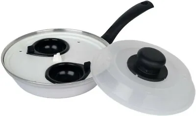 2 Hole Egg Poacher Steamer Cooking Pan With Cup & Lid Poach Non Stick • £8.39