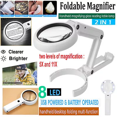 Foldable Magnifying Glass With Light 8 Led Lamp  5X 11X Magnifier Stand Table • £9.65