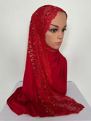 160*70 Cm Cotton Jersey Scarf Maxi Head Cover Lace/Rhinestone Border Red Color • $12.50