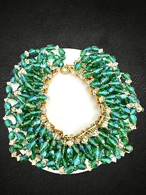 Vintage Teal Blue Green AB Crystal Beaded Cha Cha Style Link Chain Bracelet • $85