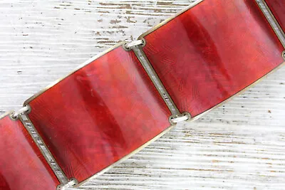 Vintage Guilloche Red Enamel Sterling Silver 925 Denmark 7  Panel Wide Bracelet • $423.30
