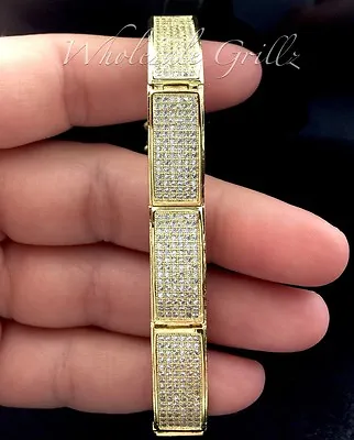 Sleek! $299 Mens 14k Gold Gp CUSTOM Simulate Diamond Micro Pave Hip Hop Bracelet • $79.99