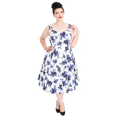 Blue Rosaceae Swing Dress Hearts And Roses London H&R White Blue Floral 18-26 • $60.62