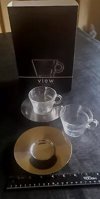 Set Of 2 Clear Cappuccino Cups With 18/10 Stainless Steel Saucers Nespresso • £17.52