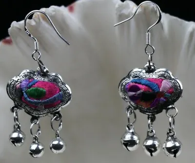 Tribal Exotic Chinese Minority People's Old Hand Embroidery Miao Silver Earring • $25