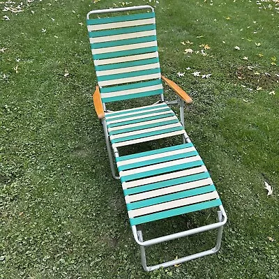 Vintage Aluminum Rubber Folding Beach Lawn Chair Chaise Lounge Wooden Arms • $115.24