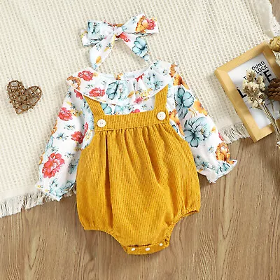 Kids Infant Baby Girl Printed Romper Fake Two Bodysuit+Headband Suit • $16.99