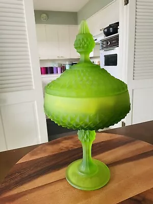 Vintage Indiana Glass Diamond Point Green Candy Pedestal • $10