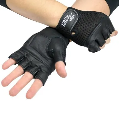 MENS LEATHER FINGERLESS BLACK DRIVING MOTORCYCLE BIKER GLOVES Work Out Exercise • $6.95