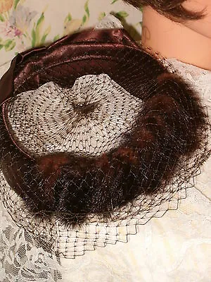 Shabby Cottage Vintage Brown Ribbon Net Veil Mink Hat Paris Apt Chic • $20