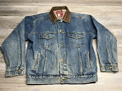 Vintage 90s Marlboro Country Store Denim Jacket Leather Collar Button Up Sz M • $34.22