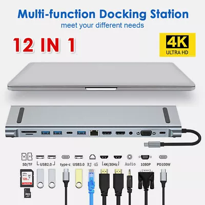 12 In 1 Docking Station With SD TF Card USB 3.0 C HDMI Hub 3.5MM VGA For Macbook • $37.29