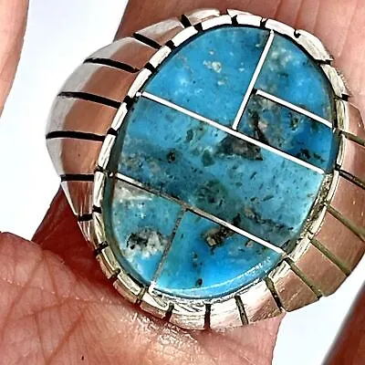 Turquoise Inlay Mens Ring Sz 12 Oval Navajo Signed Jack Sterling Mosaic • $134.94