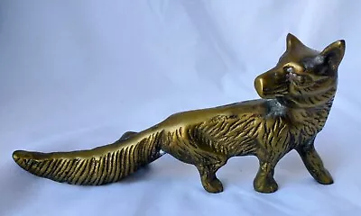 Vintage Solid Brass Fox Figurine Posed Looking Back W Patina - 7.5” X 3.5  Tall • $38.95