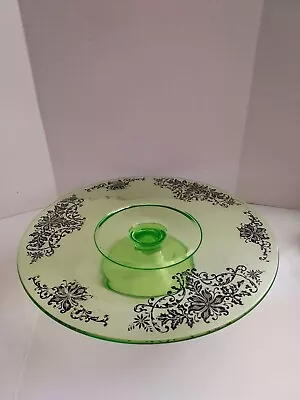 Uranium Vaseline Glass Cake Stand Plate With Floral Silver Overlay • $59.99