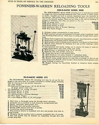 $9.99 • Buy 1969 Print Ad Ponsness-Warren Size-O-Matic 800B & Du-O-Matic 375 Reloading Tool