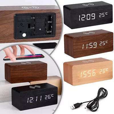 Voice Control Wooden Digital Alarm Clock Qi Wireless Charging Temperature Clock • $45.98
