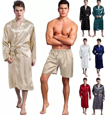 UK Men Satin Pajamas Kimono Bathrobe Robe Dressing Gown Pjs Loungewear+Shorts • £14.99