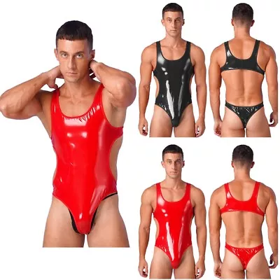 US Men's Wet Look Patent Leather Glossy Cut Out Thong Leotard Bodysuit Swimsuit • $5.82