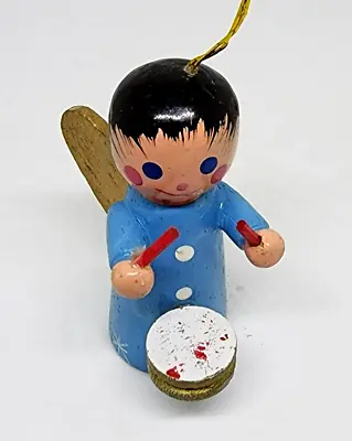 Vintage Little Drummer Boy Angel Blue Gold Wood Wooden Holiday Xmas Ornament • $11.24