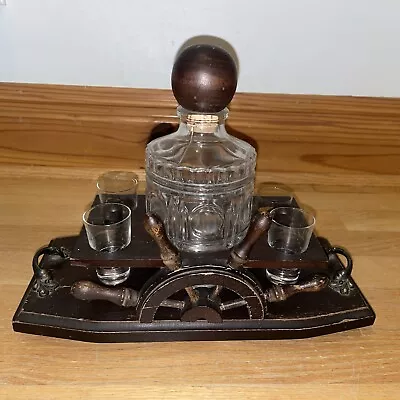 Wood Decanter Bar Set Vintage Tray Whiskey 4 Shot Glass Nautical Ship Wheel  MCM • $39.99