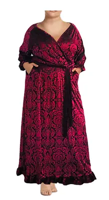 Melissa Masse Tapestry Red Velvet Maxi Faux Wrap Self Belt Bottom Ruffle Plus Sz • $59.99