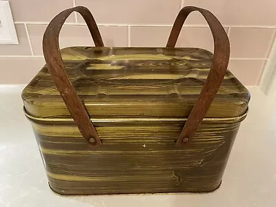 Vintage Brown Tin Metal Picnic Basket W/ Wood Handles • $28