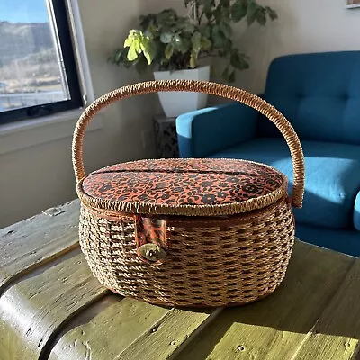 Vintage Woven Wicker Sewing Basket Box Lining Handle Tray Notions Japan • $15