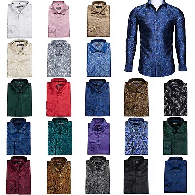 Men Black Gold Button Down Shirt Silk Long Sleeve Party Fashion Tee Top Shirts • £16.99
