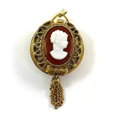 Vintage Cameo Ferex Watch Pendant Gold Tone Women's Necklace Costume Jewelry • $12.97