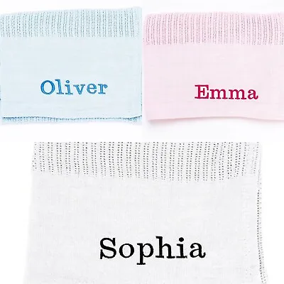 £11.99 • Buy Baby Personalised Cellular Cotton Blanket Embroidered Name Grey Pink Blue White
