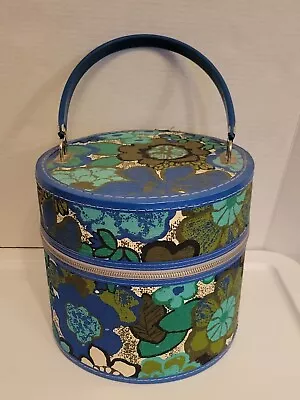 Vintage Floral Flower Hat Box Wig Case Train Case Round Travel Luggage • $110