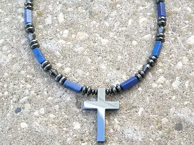 Magnetic Triple Power Hematite Lapis Holy 2 Sided CROSS NECKLACE Mens Womens • $46.54