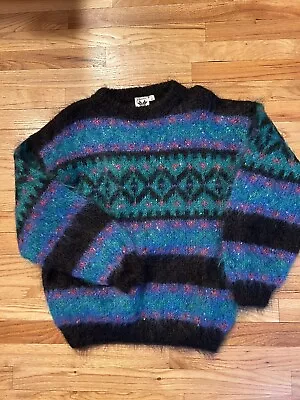 Icelandic Design Mohair Wool Sweater Handknit M Medium Blue Purple Vtg Fluffy • $35