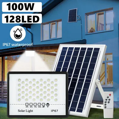 100W 128 LED Solar Panel Light Street Flood Remote Outdoor Garden Security Lamp • £14.24