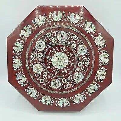 Vtg Mother Of Pearl Inlay Octagon Box Lid Oriental Floral Lacquered 9 Sections • $99.95