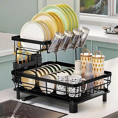 2 Tier Dish Drainer Drying Rack With Cup Holder Cutlery Tray Kitchen Organiser • $25.85