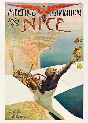 Nice 1910 Meeting D'aviation Vintage French Air Show Giclee Canvas Print 14x20 • $36