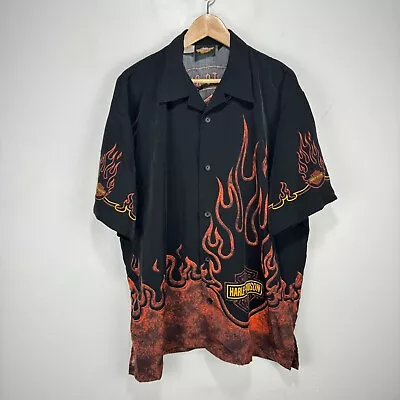 Harley Davidson Hawaiian Shirt Men XL Black Orange Flames Motorcycle REPAIRED • $24.89