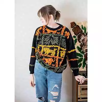 70s Retro Zoo Animals Sweater Lions Elephants Orange Black Yellow Adult M LG • $42