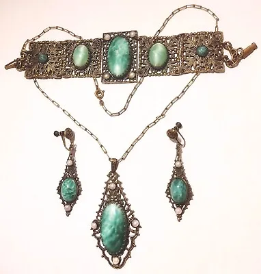 Antique Czech Peking Glass Filigree Jewelry Set Necklace Earrings Bracelet • $160
