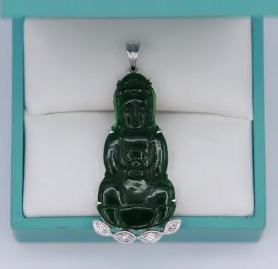 18K White Gold RARE Burmese Jadeite Jade Quan Yin And Diamond Pendant • $1650